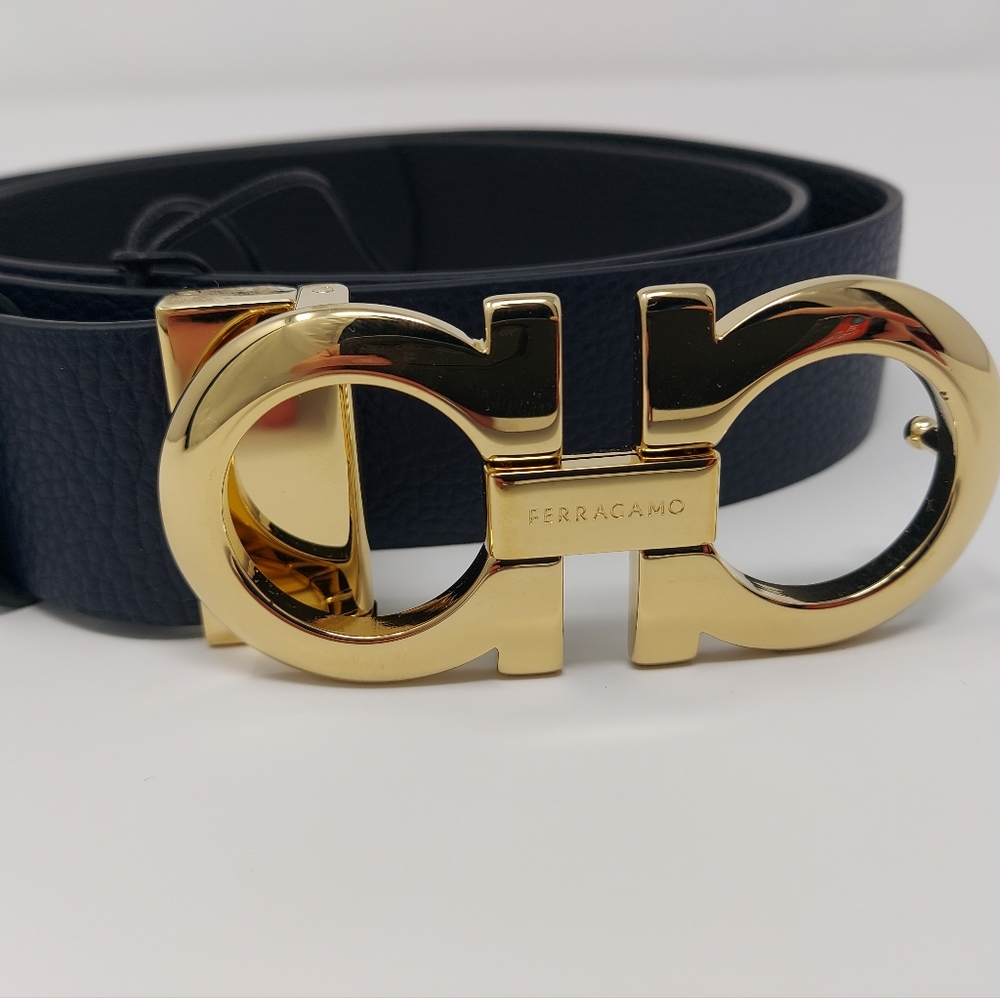 SOLD- Womens Salvatore Ferragamo Reversible Black/blue, Gold Buckle Belt Sz 100